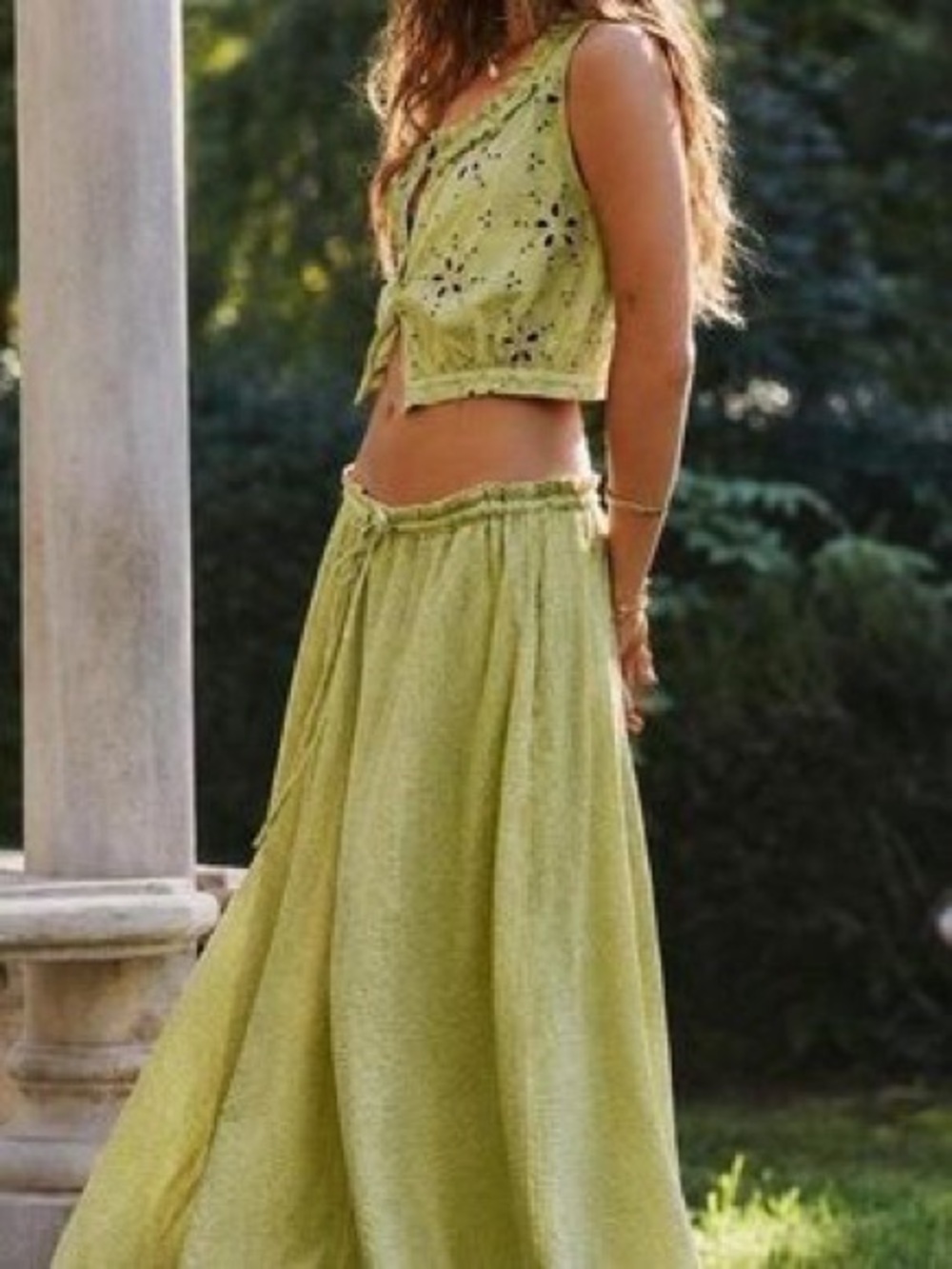 Free People Madelyn Cotton Set in Green Boho- Lightweight Flowy Summer Skirt Set